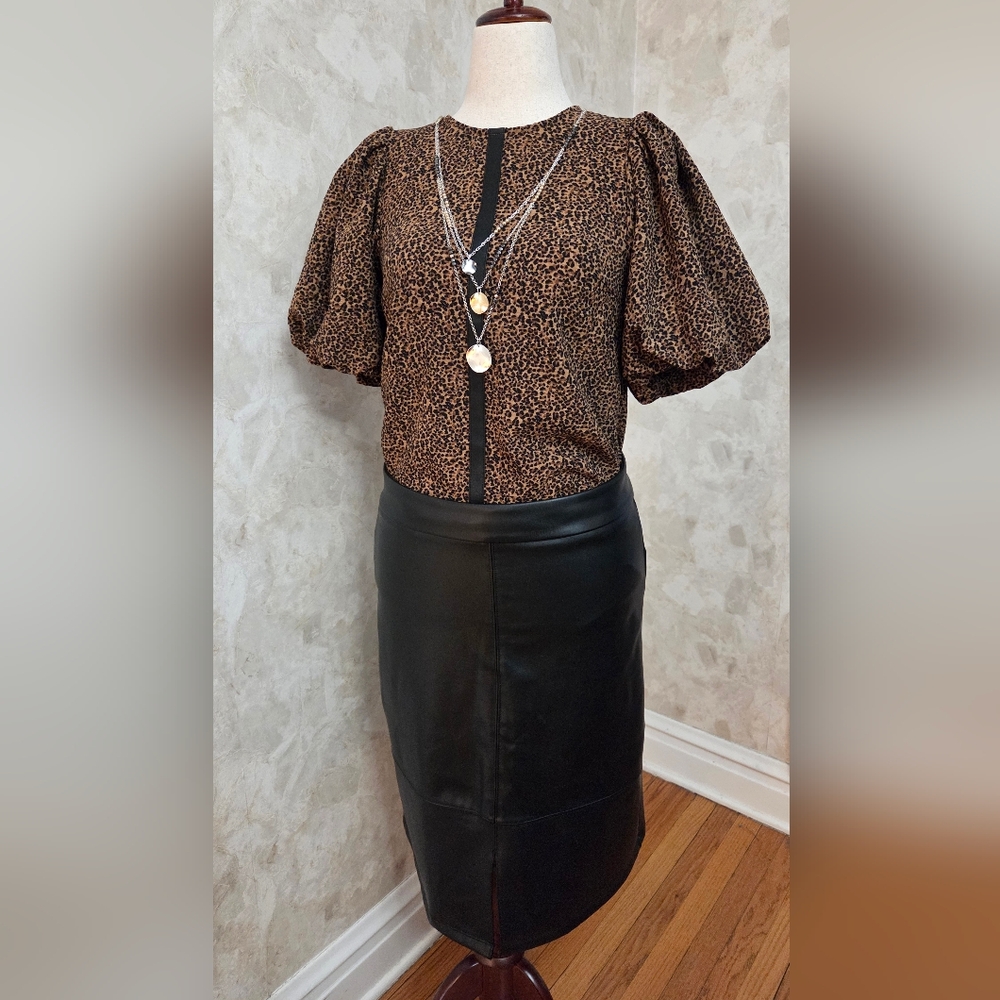 THML Leopard Print Puff Sleeve Blouse Faux Leather Trim XS - Picture 11 of 12